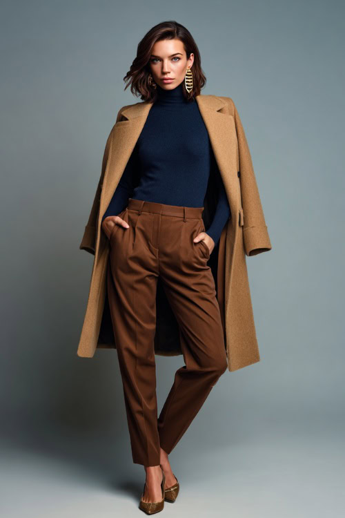 Stylish woman in chocolate brown trousers with a tucked-in navy turtleneck, camel coat over her arm, accessorized with gold earrings and flats