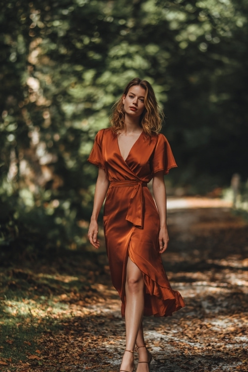 Stylish woman wearing a rust satin midi dress with flutter sleeves and ankle-strap heels, posing on a leaf-covered path at a forest wedding, full body visible 