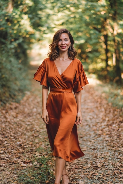 Stylish woman wearing a rust satin midi dress with flutter sleeves and ankle-strap heels, posing on a leaf-covered path at a forest wedding, full body visible