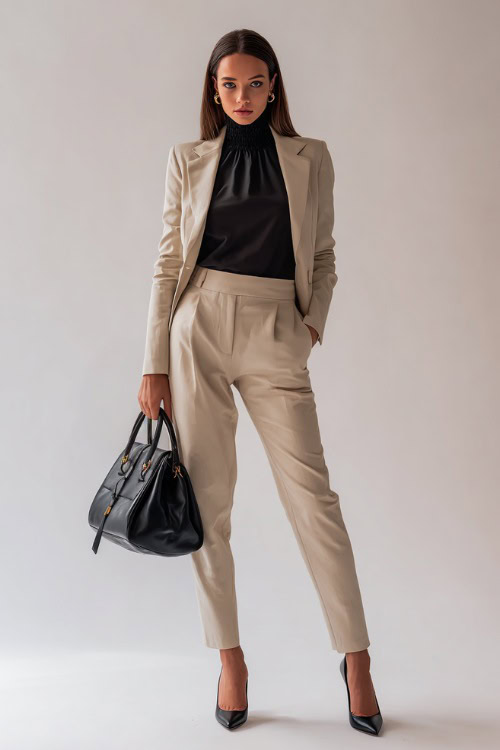 Woman in a beige tailored pantsuit with a high-neck blouse and structured heels, holding a black leather handbag, full-body in a bright studio background 