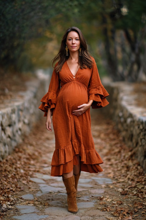 Woman in a boho-style maternity-friendly dress in burnt orange with tiered hem and flutter sleeves, styled with suede boots, standing on a stone path covered in fallen leaves