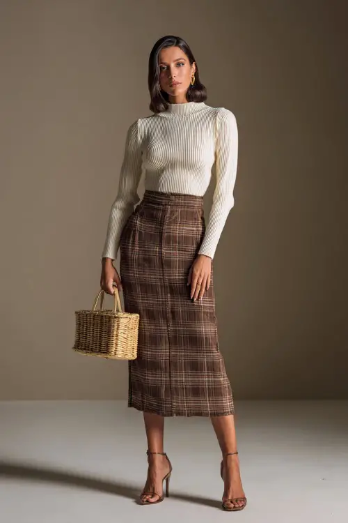 Woman in a brown plaid midi skirt with a cream ribbed top and structured mini handbag, posed in a minimalist studio setup