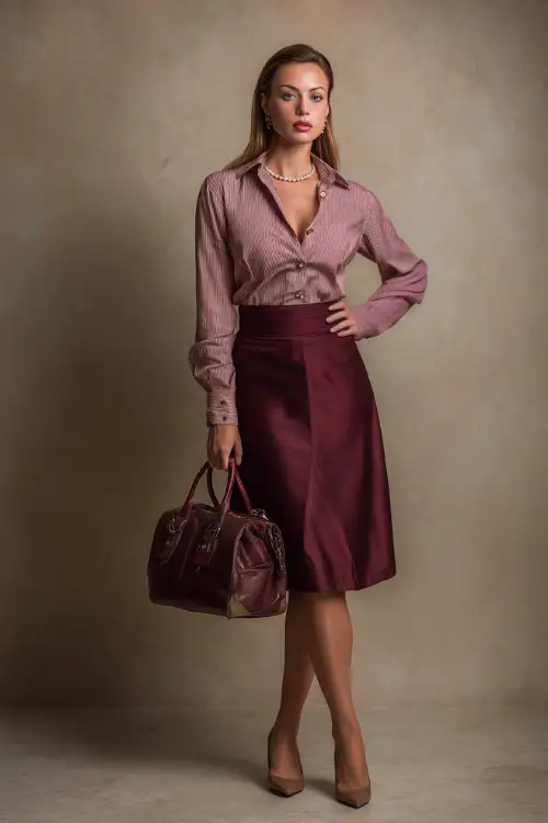Woman in a burgundy A-line skirt with a dusty rose blouse and pearl studs, structured handbag, and low heels, posed full-body in studio