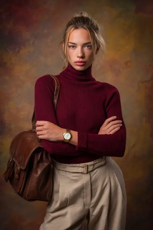 Woman in a burgundy knit turtleneck tucked into beige wool trousers, accessorized with a gold watch and leather satchel, posed in studio with autumn tones 