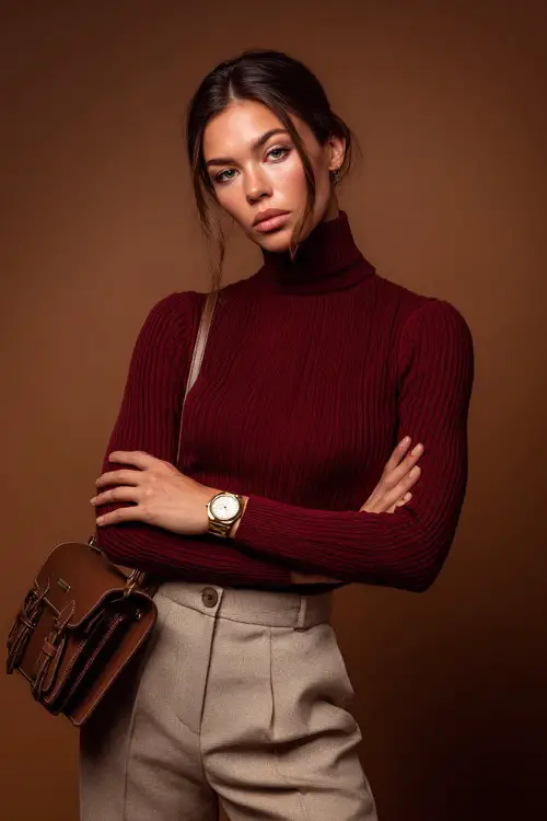 Woman in a burgundy knit turtleneck tucked into beige wool trousers, accessorized with a gold watch and leather satchel, posed in studio with autumn tones