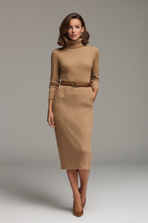 Woman in a camel-colored wool midi dress with a belt at the waist and high neckline, styled with leather flats and gold studs, full-body in a neutral studio 