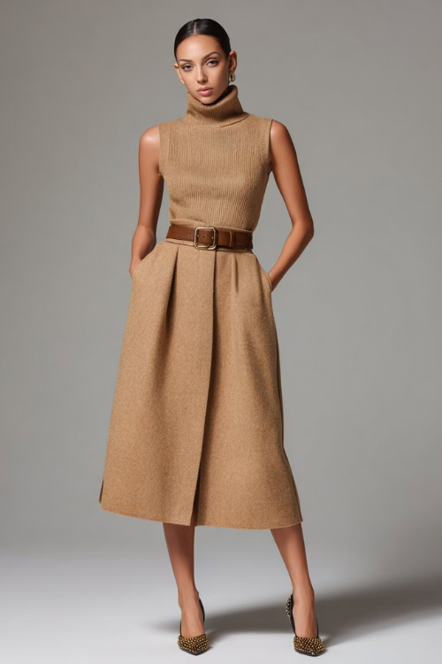 Woman in a camel-colored wool midi dress with a belt at the waist and high neckline, styled with leather flats and gold studs, full-body in a neutral studio