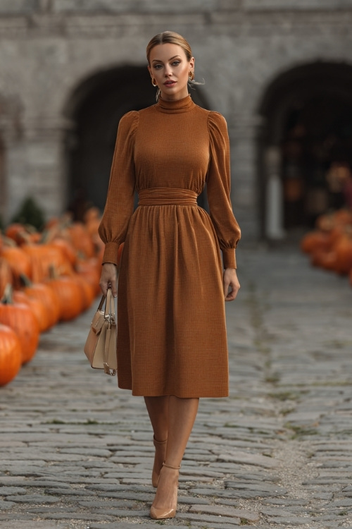 Woman in a cinnamon-colored mock neck midi dress with long sleeves, a fitted waist, and slingback heels, standing on a cobblestone path lined with carved pumpkins