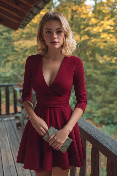 Woman in a classic wine-red fit-and-flare dress with elbow-length sleeves and a v-neckline, holding a clutch bag, standing on a wooden balcony overlooking autumn woods 