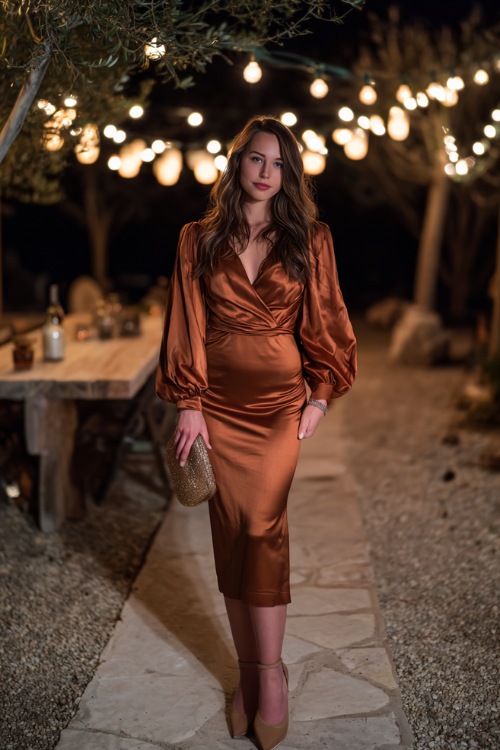 Woman in a copper satin midi dress with long balloon sleeves, matching heels, and a clutch, posing under soft string lights at a November garden wedding reception 
