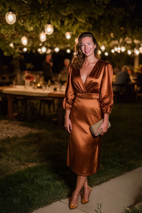 Woman in a copper satin midi dress with long balloon sleeves, matching heels, and a clutch, posing under soft string lights at a November garden wedding reception