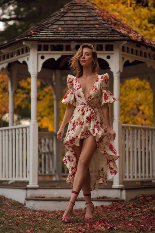 Woman in a cream and red floral high-low dress with flutter sleeves and strappy heels, standing beside a white gazebo surrounded by changing leaves 