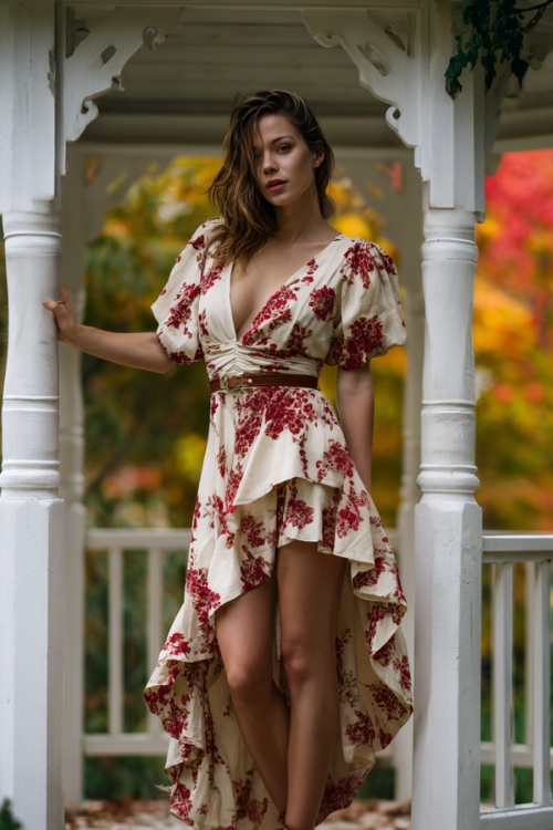 Woman in a cream and red floral high-low dress with flutter sleeves and strappy heels, standing beside a white gazebo surrounded by changing leaves