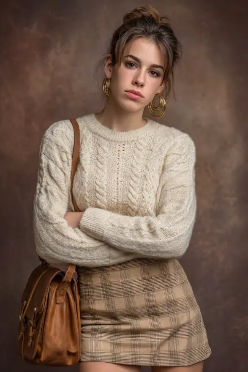 Woman in a cream cable-knit sweater tucked into a tan plaid skirt, leather shoulder bag and gold hoop earrings, full-body in simple studio