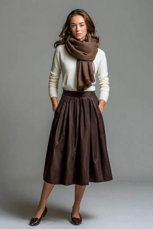 Woman in a dark brown midi skirt with a tucked-in ivory knit top, layered with a wool scarf and leather ballet flats, studio background 