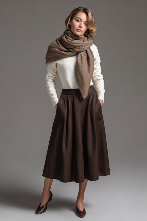 Woman in a dark brown midi skirt with a tucked-in ivory knit top, layered with a wool scarf and leather ballet flats, studio background