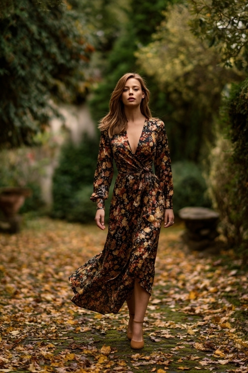 Woman in a dark floral wrap dress with long sleeves and a flowing skirt, tan leather heels, standing in a garden venue covered in fallen autumn leaves 
