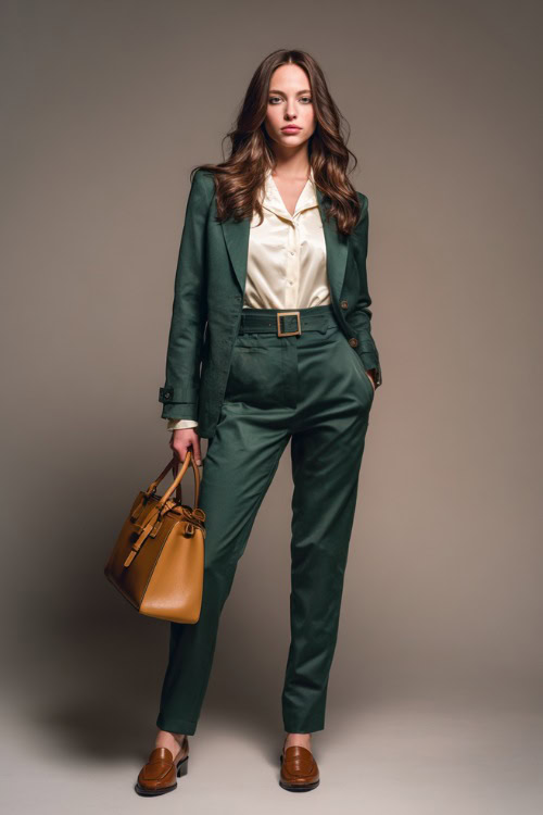 Woman in a dark green belted pantsuit with a cream blouse and structured handbag, tan loafers and minimal jewelry, standing full-body in soft studio lighting 