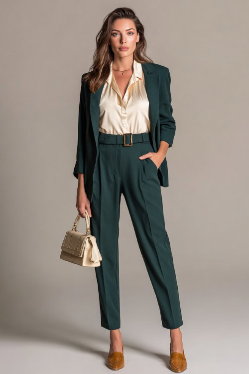 Woman in a dark green belted pantsuit with a cream blouse and structured handbag, tan loafers and minimal jewelry, standing full-body in soft studio lighting