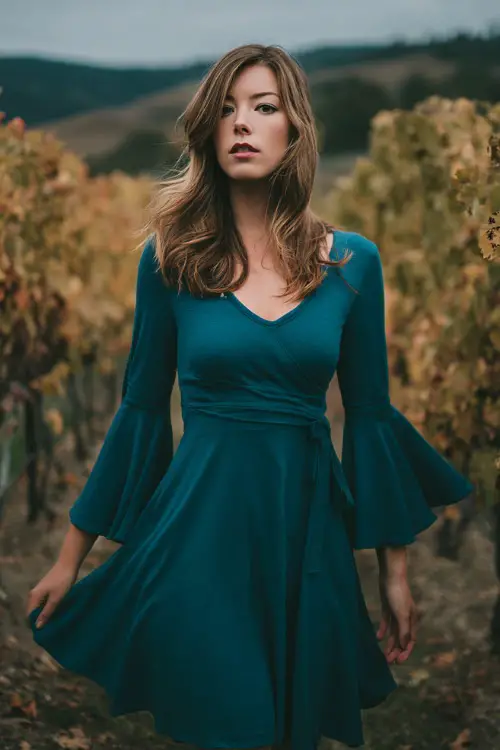 Woman in a deep teal midi dress with bell sleeves and a soft A-line cut, standing in a vineyard during peak October color 