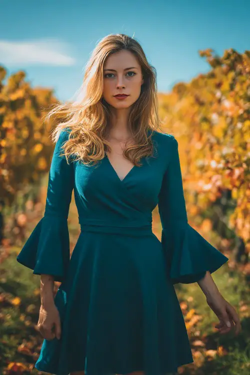 Woman in a deep teal midi dress with bell sleeves and a soft A-line cut, standing in a vineyard during peak October color