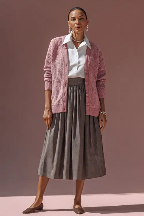 Woman in a dusty rose cardigan worn over a white cotton blouse and gray pleated midi skirt, brown flats, and pearl earrings, clean background