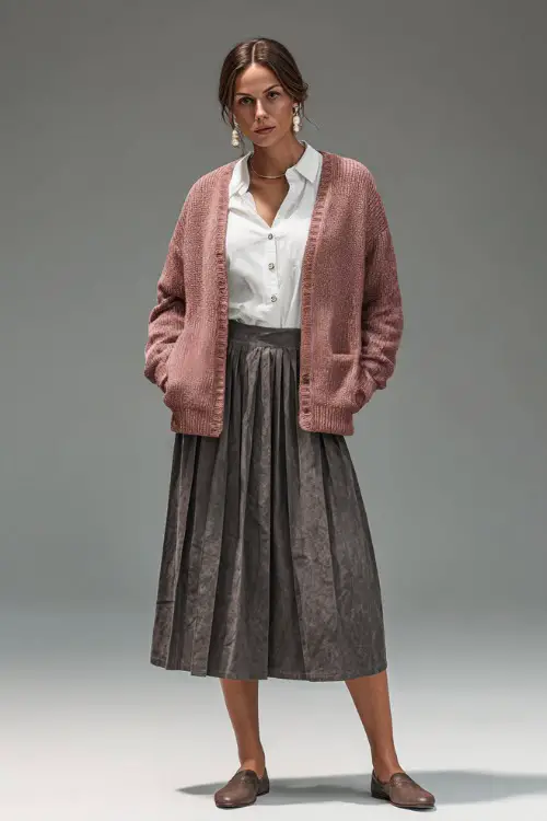 Woman in a dusty rose cardigan worn over a white cotton blouse and gray pleated midi skirt, brown flats, and pearl earrings