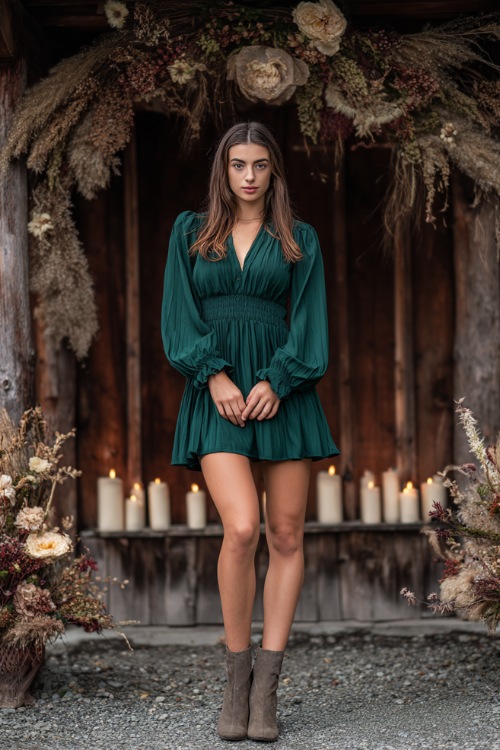 Woman in a forest green long-sleeve fit-and-flare dress with a pleated skirt and ankle boots, posing near a rustic wooden arch adorned with dried florals and candles