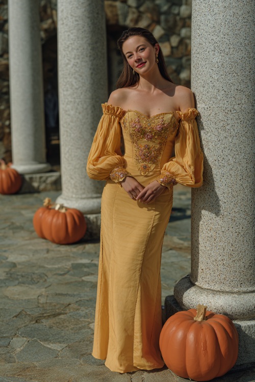 Woman in a golden floor-length gown with flutter sleeves and floral embroidery, posing beside stone pillars and carved pumpkins at an elegant outdoor fall reception