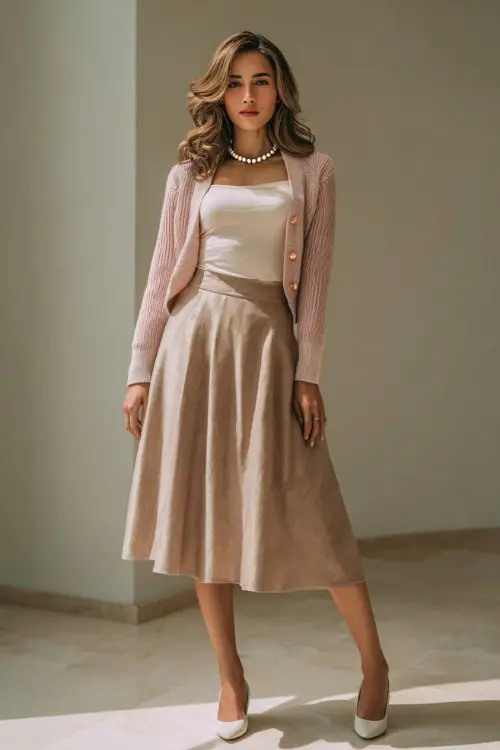 Woman in a light brown A-line midi skirt with a soft blush pink knit cardigan, pearl necklace, and low-heeled shoes, posed in an elegant minimalist studio