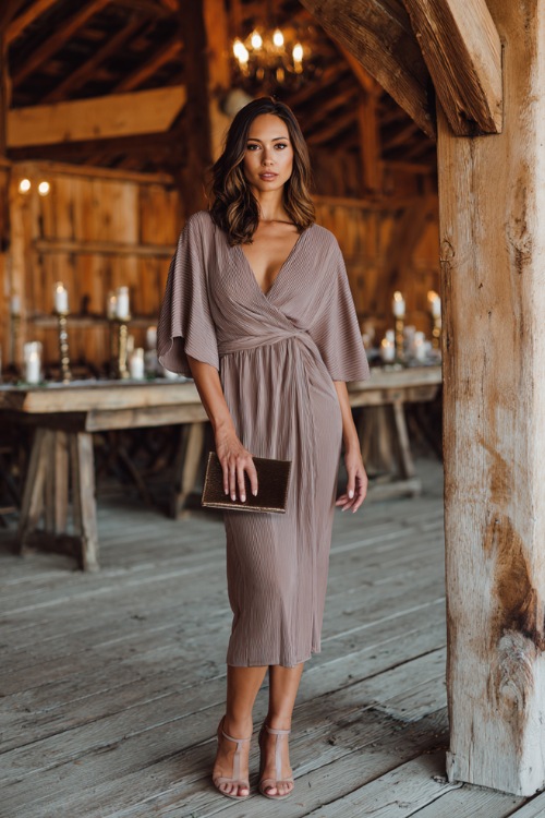 Woman in a mocha pleated chiffon midi dress with flutter sleeves and subtle shimmer, accessorized with a velvet clutch and strappy heels, standing inside a candlelit barn wedding venue 