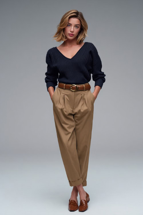 Woman in a navy V-neck knit top with high-waisted wool trousers, belted waist, and brown heeled loafers, styled simply in a clean studio space 