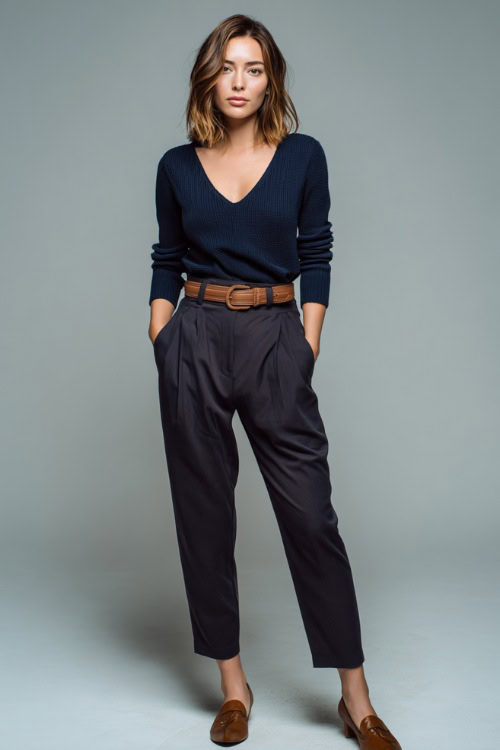 Woman in a navy V-neck knit top with high-waisted wool trousers, belted waist, and brown heeled loafers, styled simply in a clean studio space 