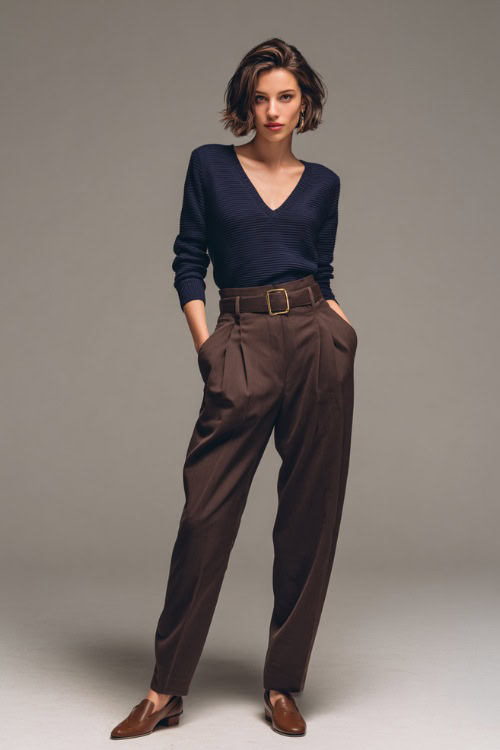 Woman in a navy V-neck knit top with high-waisted wool trousers, belted waist, and brown heeled loafers, styled simply in a clean studio space