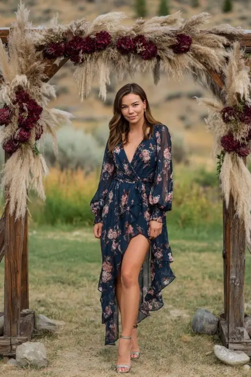 Woman in a navy floral dress with long sheer sleeves and high-low hem, styled with block heels, standing near a rustic wooden arch decorated with maroon roses and pampas grass 