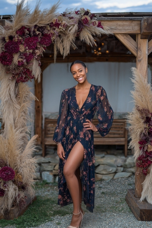 Woman in a navy floral dress with long sheer sleeves and high-low hem, styled with block heels, standing near a rustic wooden arch decorated with maroon roses and pampas grass 