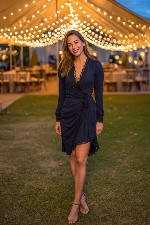 Woman in a navy long-sleeve wedding guest dress with lace trim, gathered waist, and low heels, posing under a string-light canopy at an October evening wedding