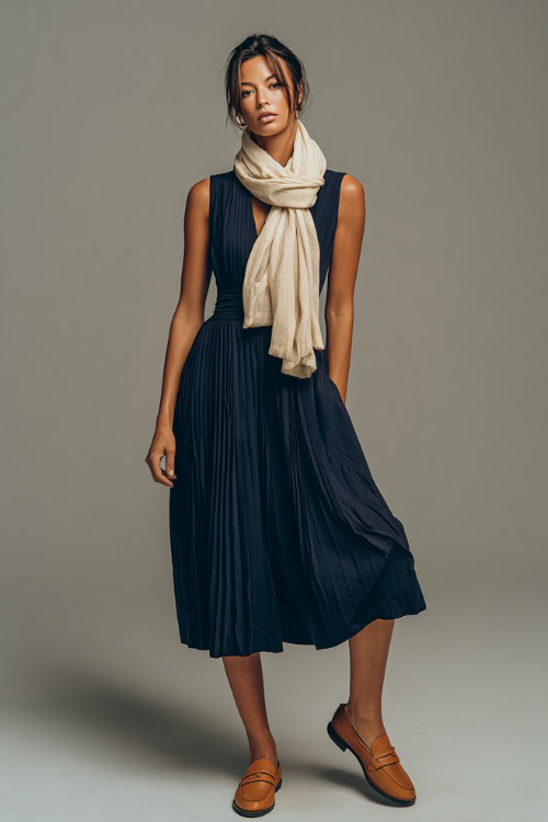 Woman in a navy midi dress with a pleated bottom and cream scarf draped over her shoulders, accessorized with tan loafers, clean studio setting 
