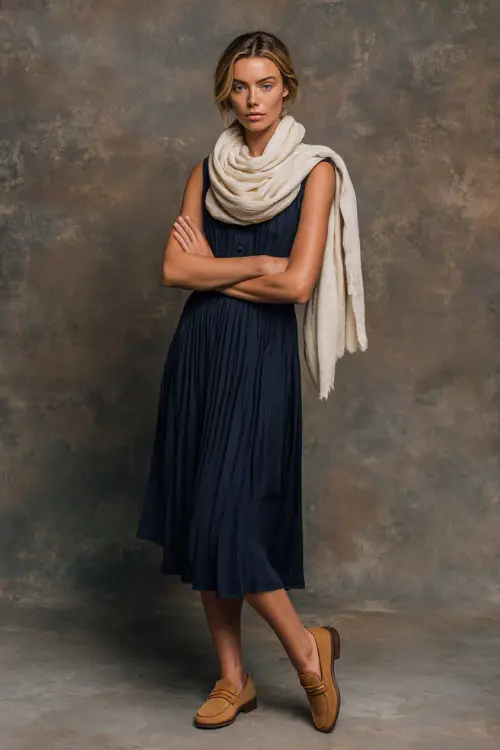 Woman in a navy midi dress with a pleated bottom and cream scarf draped over her shoulders, accessorized with tan loafers, clean studio setting