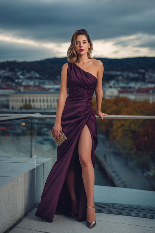 Woman in a rich plum one-shoulder gown with a flowing train and metallic heels, holding a clutch and posing at a rooftop reception with a moody autumn skyline