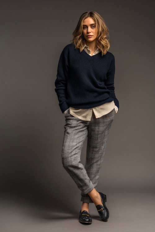 Woman in a simple navy pullover sweater layered with a button-up shirt underneath, gray plaid pants, and loafers, in a soft studio background 