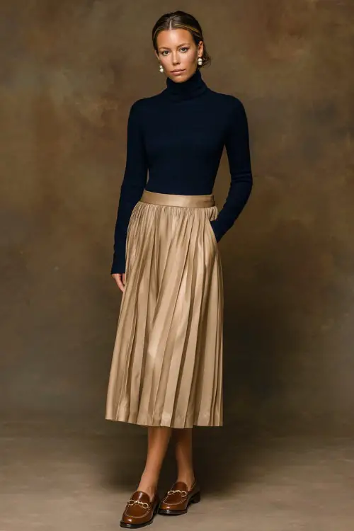 Woman in a soft tan pleated wool skirt, navy turtleneck, pearl studs, and brown loafers, standing full-body in a fall-toned studio background