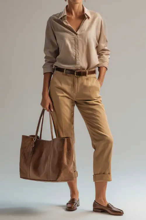 Woman in a soft taupe long-sleeve blouse tucked into camel cigarette pants, finished with loafers and a classic leather tote