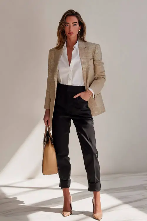 Woman in a structured beige blazer layered over a white button-up shirt and black tapered trousers, tan heels and a top-handle bag, posed in a bright studio space 