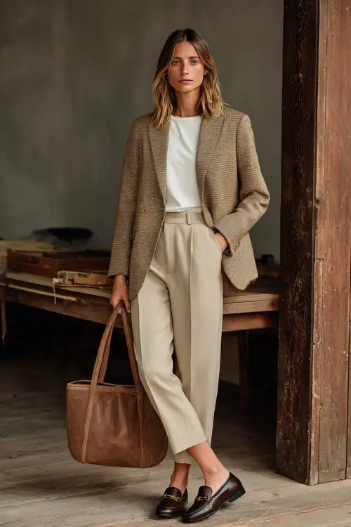 Woman in a structured tan wool blazer with a white mock neck top and beige trousers, styled with loafers and a tote bag, minimalist fall studio 