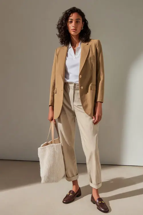 Woman in a structured tan wool blazer with a white mock neck top and beige trousers, styled with loafers and a tote bag, minimalist fall studio 