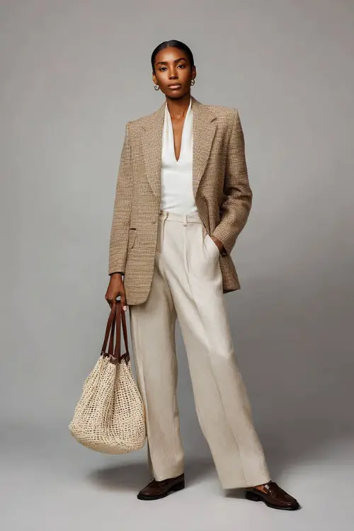 Woman in a structured tan wool blazer with a white mock neck top and beige trousers, styled with loafers and a tote bag, minimalist fall studio