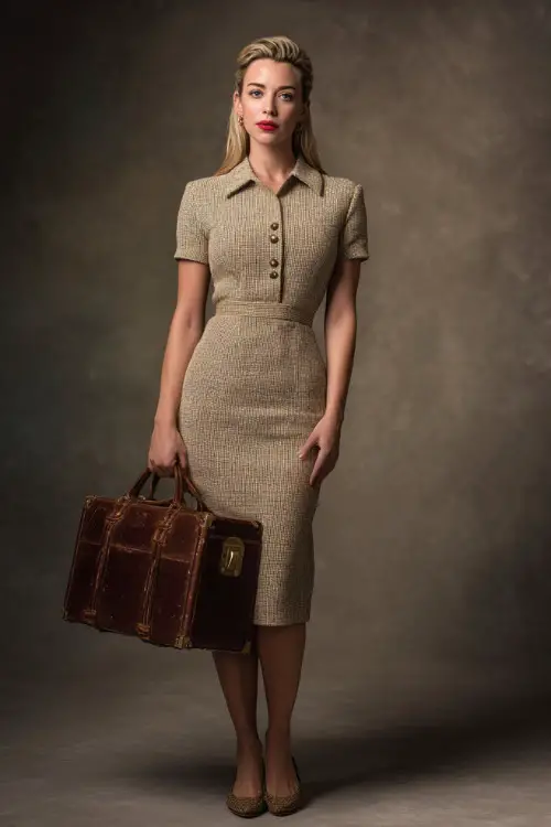 Woman in a structured tweed fall dress with short sleeves, a modest collar, and gold buttons, styled with a vintage handbag and leather flats, soft studio lighting