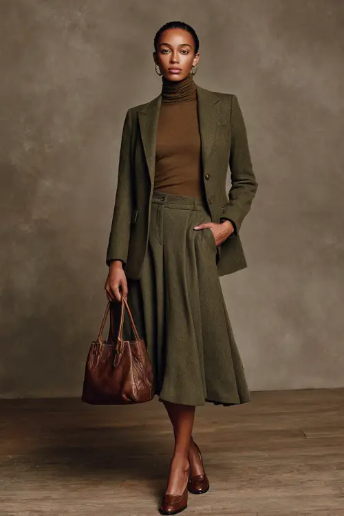 Woman in a tailored olive blazer over a turtleneck and flared skirt, paired with loafers and a small leather handbag, posed in an elegant neutral studio