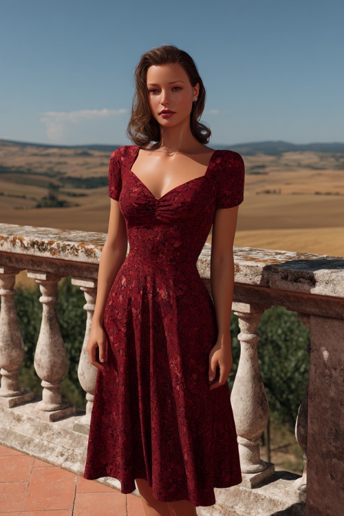 Woman in a wine red short-sleeve wedding guest dress with a flowy midi hem and subtle floral print, standing on a terrace overlooking a September countryside ceremony